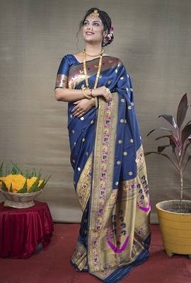 Navy blue zari woven paithani silk blend saree with blouse 1