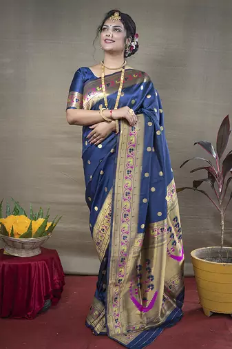 Navy blue zari woven paithani silk blend saree with blouse