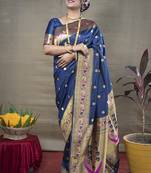 Navy blue zari woven paithani silk blend saree with blouse