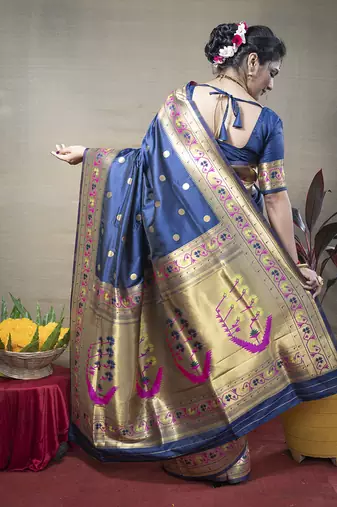 Navy blue zari woven paithani silk blend saree with blouse