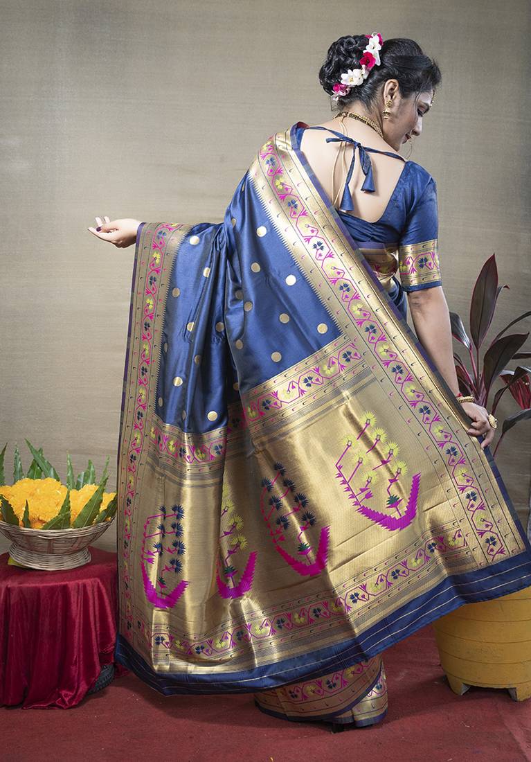 Navy blue zari woven paithani silk blend saree with blouse