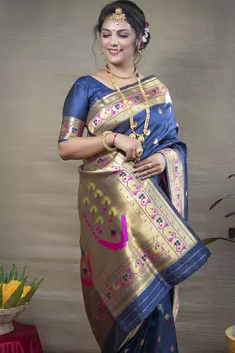 Navy blue zari woven paithani silk blend saree with blouse
