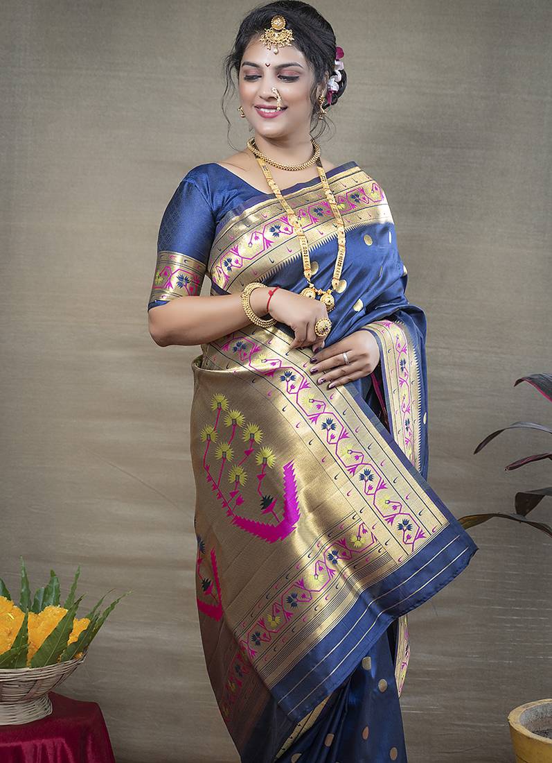 Navy blue zari woven paithani silk blend saree with blouse