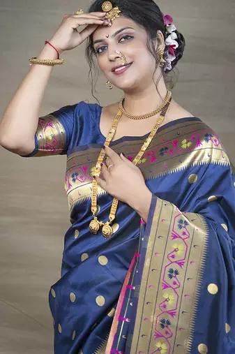 Navy blue zari woven paithani silk blend saree with blouse