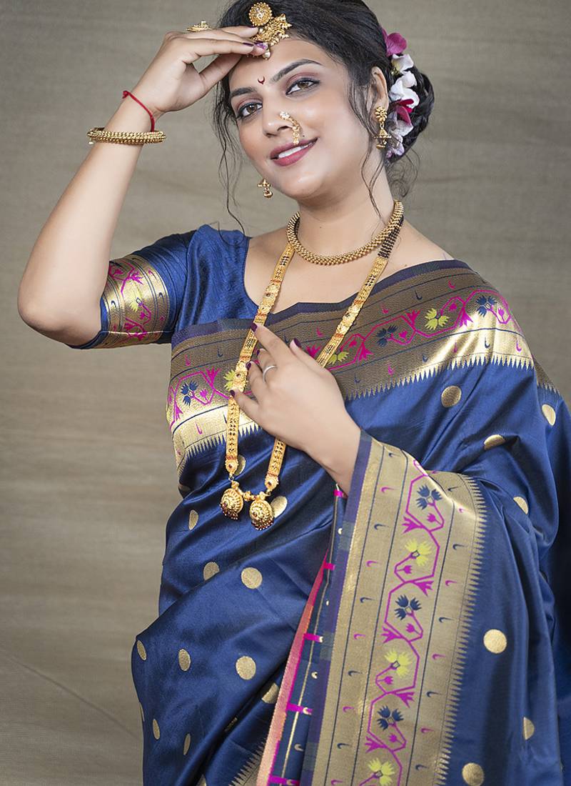 Navy blue zari woven paithani silk blend saree with blouse