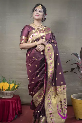 Maroon zari woven paithani silk blend saree with blouse