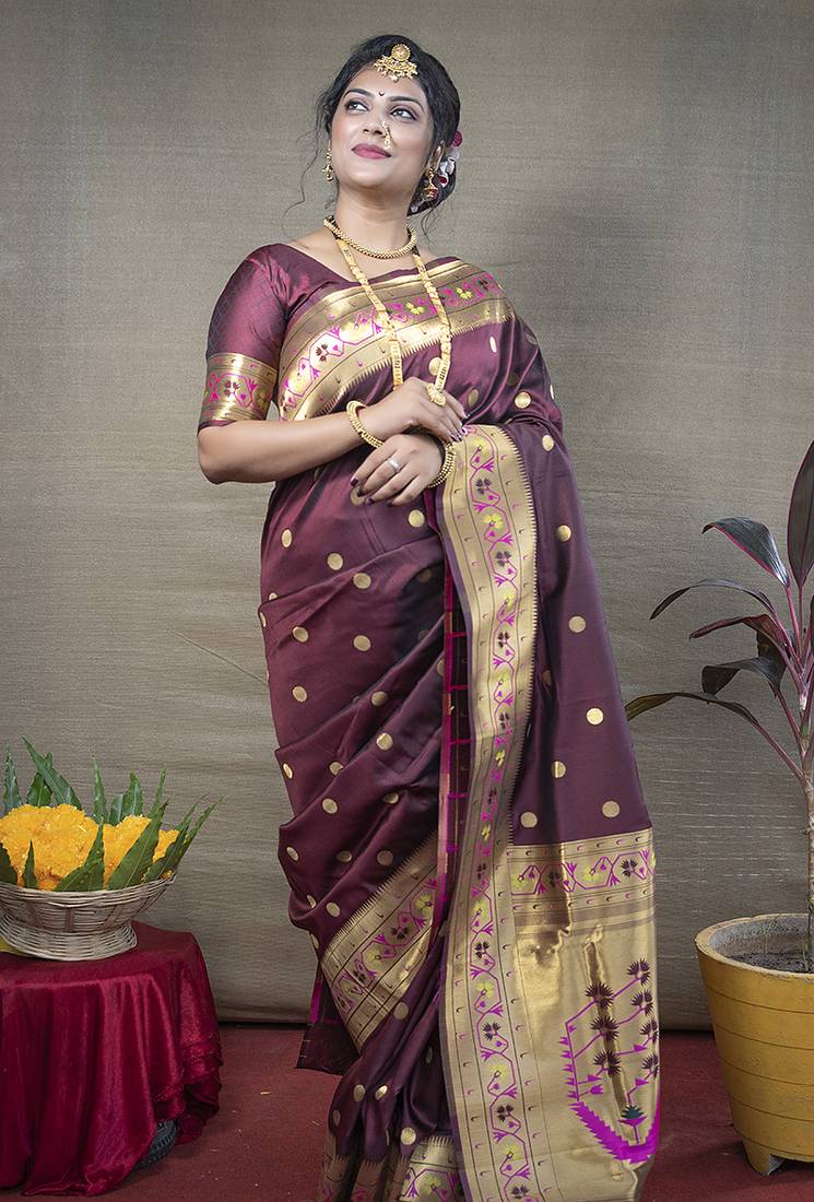Maroon zari woven paithani silk blend saree with blouse