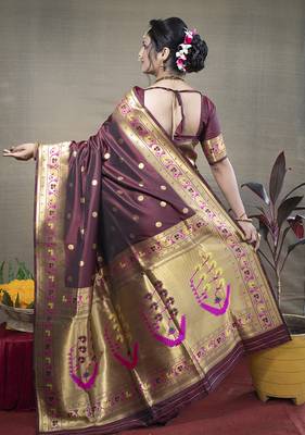 Maroon zari woven paithani silk blend saree with blouse 2