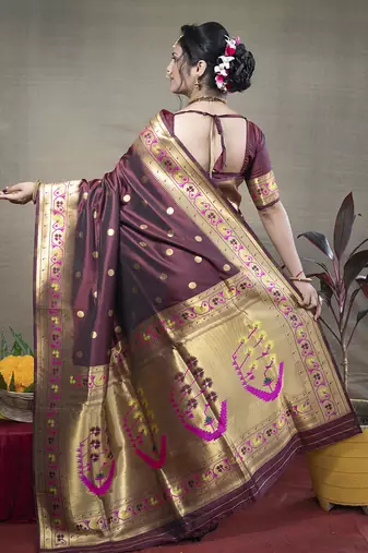 Maroon zari woven paithani silk blend saree with blouse