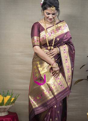 Maroon zari woven paithani silk blend saree with blouse 3