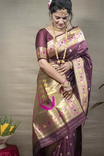 Maroon zari woven paithani silk blend saree with blouse