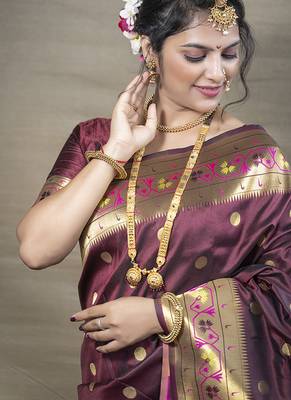 Maroon zari woven paithani silk blend saree with blouse 4