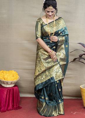 Deep teal green banarasi silk blend saree with golden zari work 1