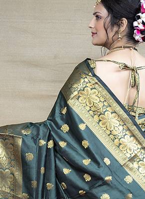 Deep teal green banarasi silk blend saree with golden zari work 2