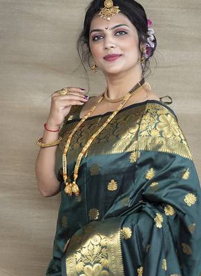 Deep teal green banarasi silk blend saree with golden zari work 4