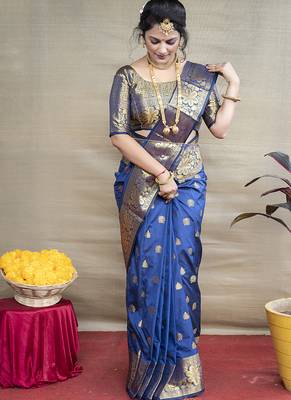 Royal blue banarasi silk blend saree with golden zari work 1