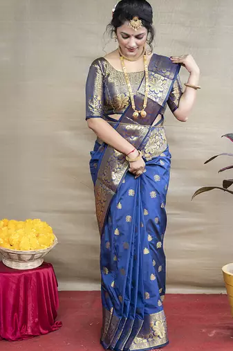 Royal blue banarasi silk blend saree with golden zari work