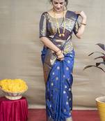 Royal blue banarasi silk blend saree with golden zari work