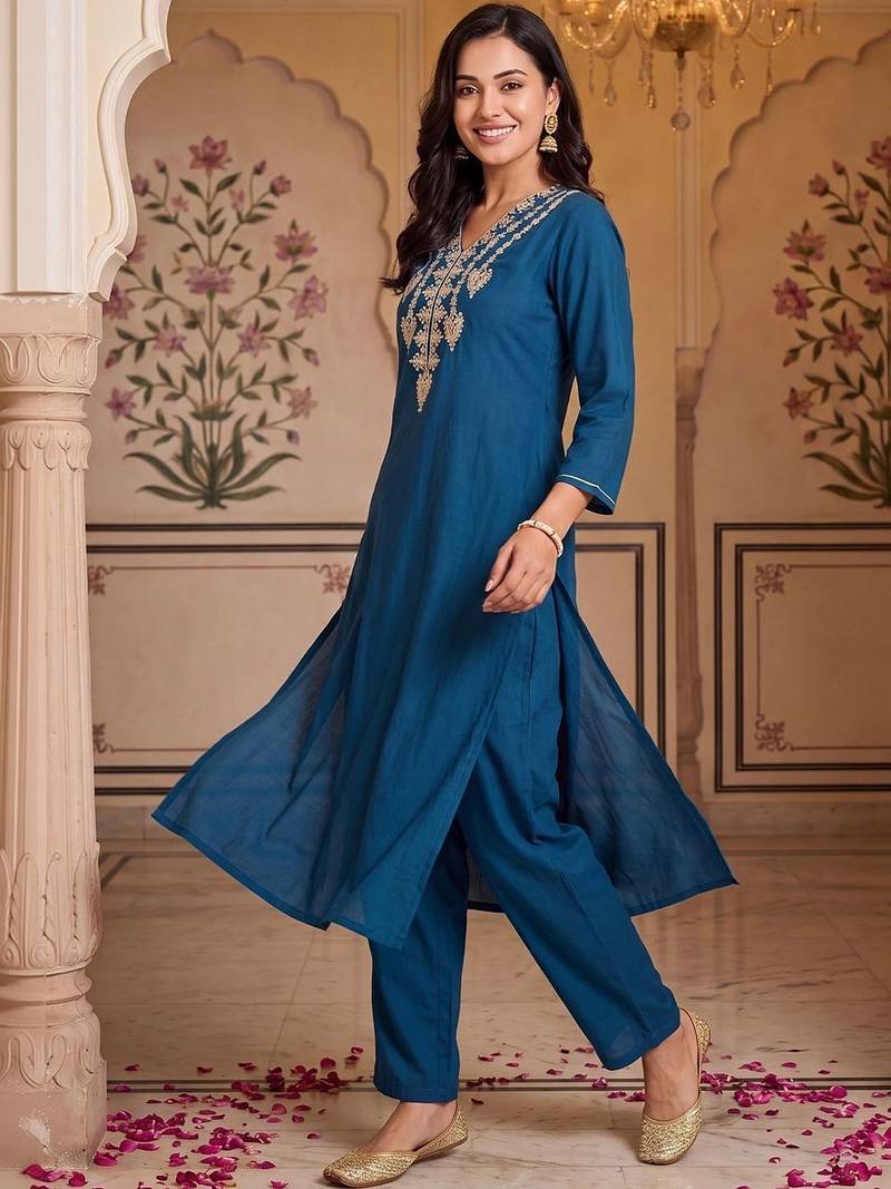 Women Ethnic Motifs Embroidered Regular Thread Work Kurta with Palazzos