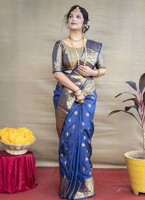 Royal blue banarasi silk blend saree with golden zari work 2