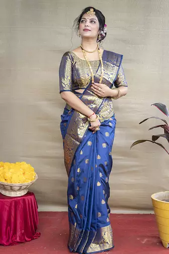 Royal blue banarasi silk blend saree with golden zari work