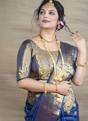 Royal blue banarasi silk blend saree with golden zari work 3