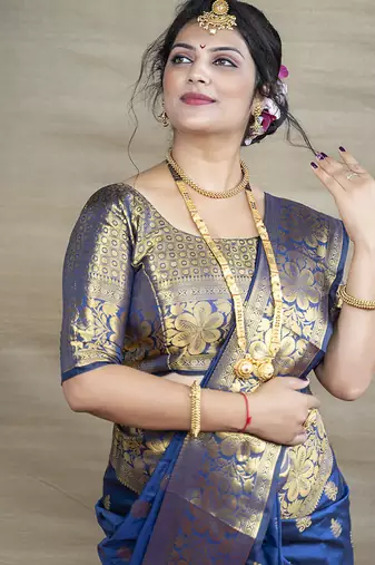 Royal blue banarasi silk blend saree with golden zari work