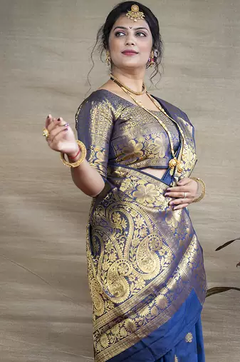 Royal blue banarasi silk blend saree with golden zari work