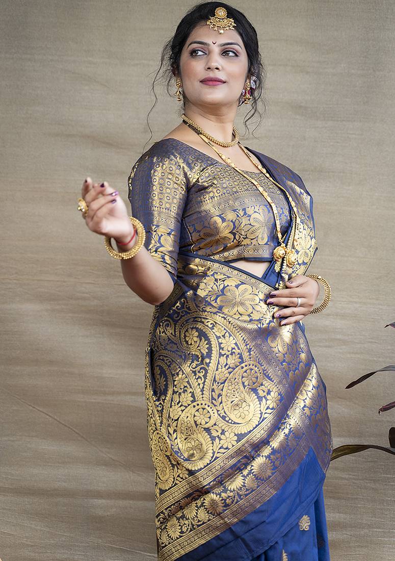 Royal blue banarasi silk blend saree with golden zari work