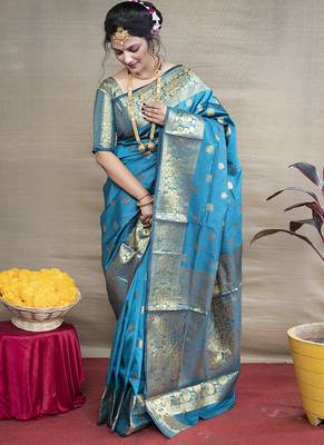 Aqua blue banarasi silk blend saree with golden zari work 1