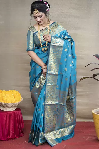 Aqua blue banarasi silk blend saree with golden zari work