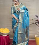 Aqua blue banarasi silk blend saree with golden zari work