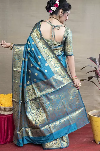 Aqua blue banarasi silk blend saree with golden zari work