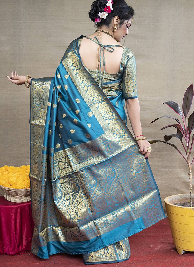 Aqua blue banarasi silk blend saree with golden zari work