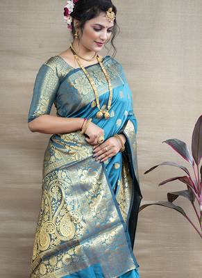 Aqua blue banarasi silk blend saree with golden zari work 3