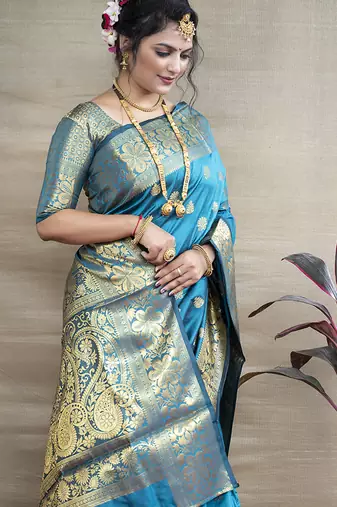 Aqua blue banarasi silk blend saree with golden zari work