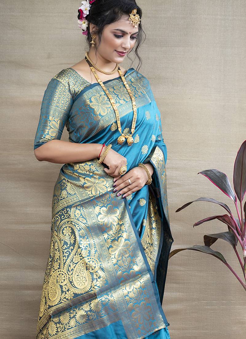 Aqua blue banarasi silk blend saree with golden zari work