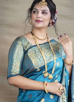 Aqua blue banarasi silk blend saree with golden zari work 4