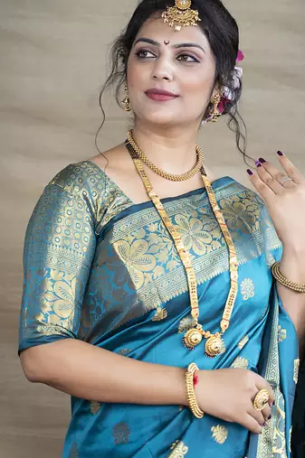 Aqua blue banarasi silk blend saree with golden zari work