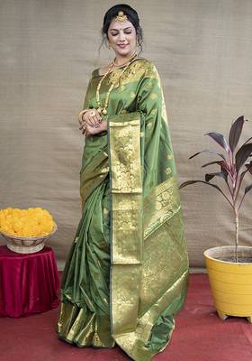 Green banarasi silk blend saree with golden zari work 1