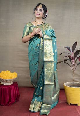 Turquoise banarasi silk blend saree with golden zari work 1