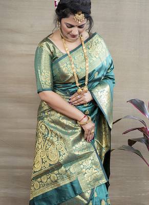 Turquoise banarasi silk blend saree with golden zari work 3