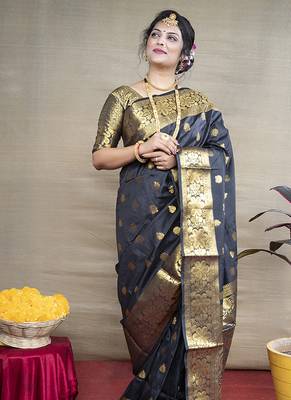 Black banarasi silk blend saree with golden zari work 1