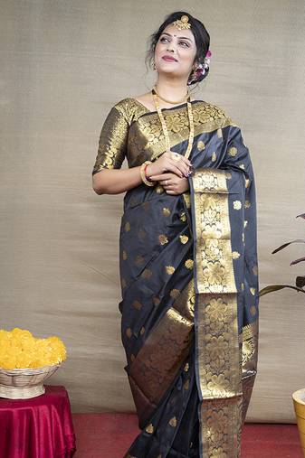 Black banarasi silk blend saree with golden zari work