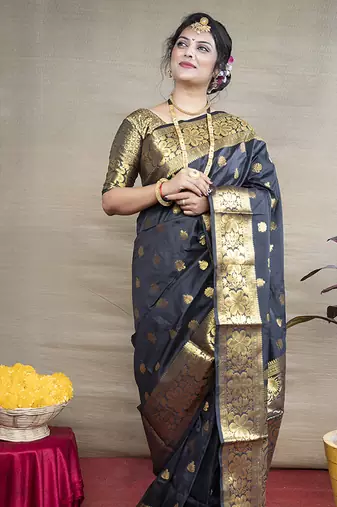 Black banarasi silk blend saree with golden zari work