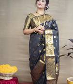 Black banarasi silk blend saree with golden zari work