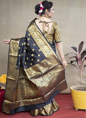 Black banarasi silk blend saree with golden zari work 2