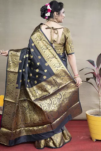 Black banarasi silk blend saree with golden zari work
