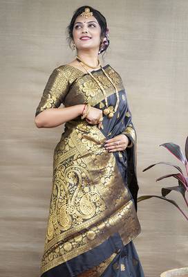 Black banarasi silk blend saree with golden zari work 3