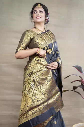 Black banarasi silk blend saree with golden zari work